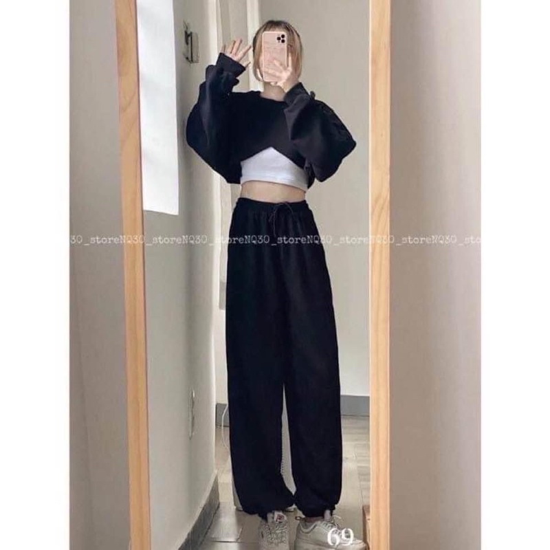 Set Croptop Tay Bồng Quần Bo Chun- Set 3 Món Tay Phồng Quần Nỉ Ulzzang Siêu Hot