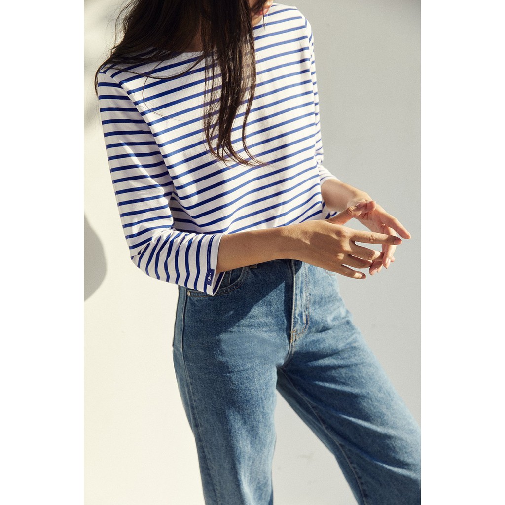 TheBlueTshirt - Áo Thun Tay Dài Nữ Sọc Xanh Trắng - New Classic BlueT - White / Blue Stripe