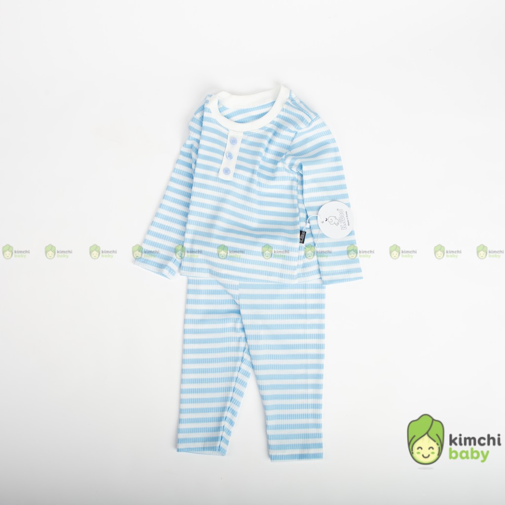 Đồ Bộ Bé Trai, Bé Gái KIMCHIBABY Vải Thun Gân Hoạ Tiết Sọc Ngang Cúc Cổ, Bộ Quần Áo Trẻ Em Thu Đông KWTD2105