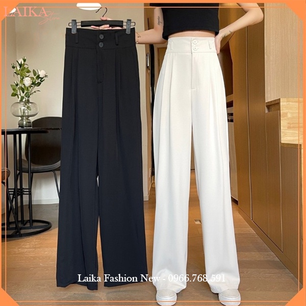 Quần ống rộng 2 nút lưng cao dài 100cm dáng quần Culottes ống suông rộng cạp cao 7cm mặc đi học biển làm công sở vải mềm