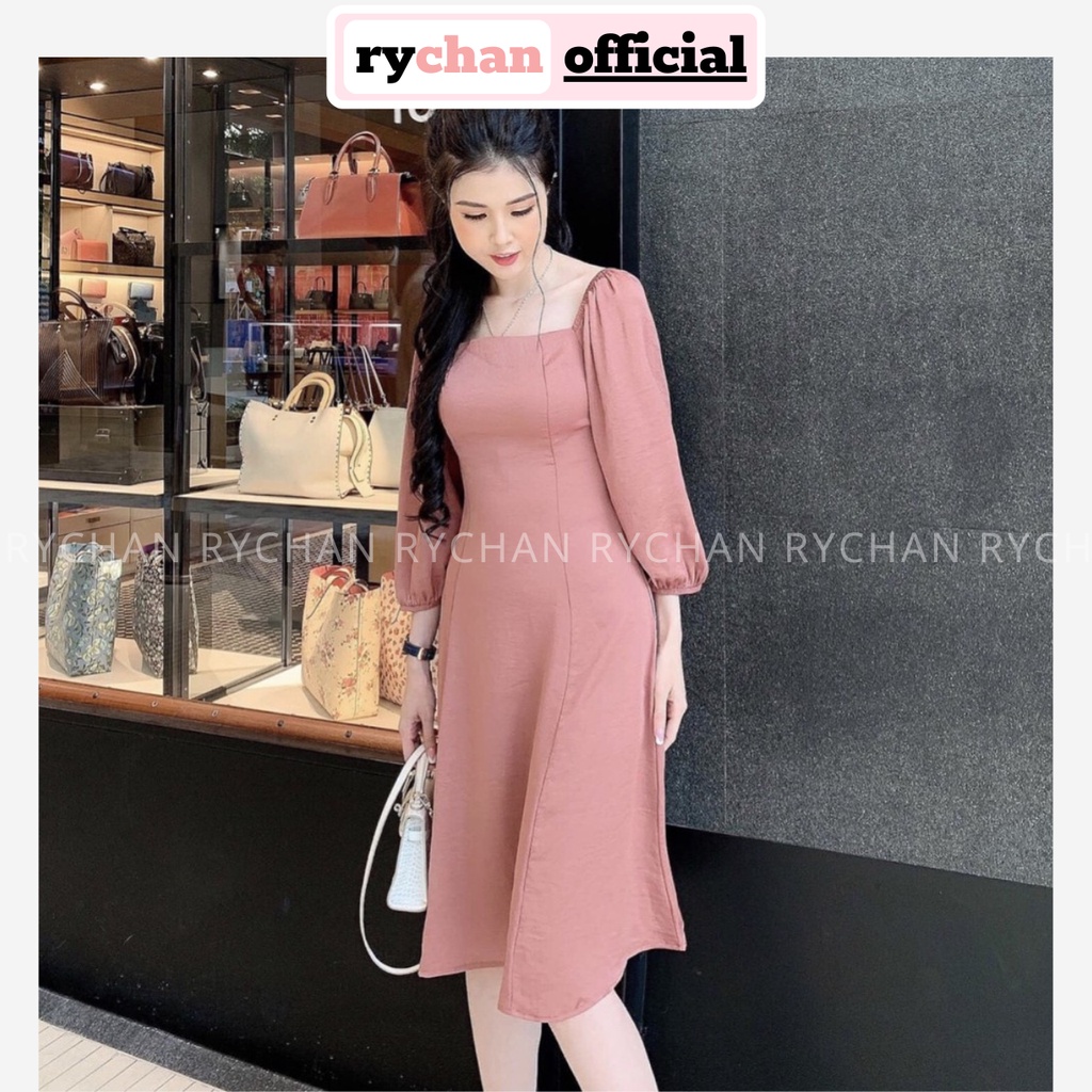 Đầm Xòe Cổ Vuông Tay Bồng Hồng Ruốc - DX911