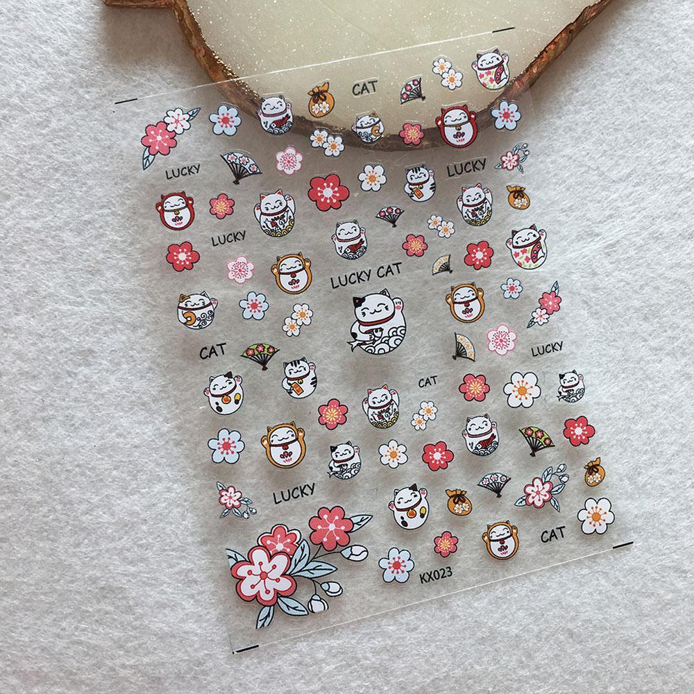 Miếng Dán Trang Trí Móng Tay Tự Dính Họa Tiết Mèo May Mắn 5D Dễ Thương