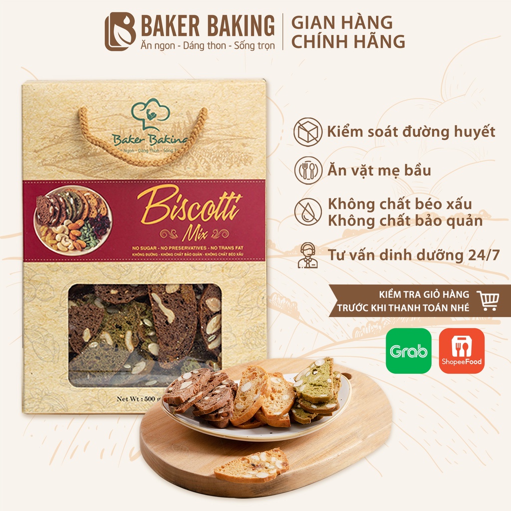Bánh quy Biscotti ăn kiêng Baker Baking nguyên cám không đường cho mẹ bầu, người tiểu đường, healthy eatclean 100-500g