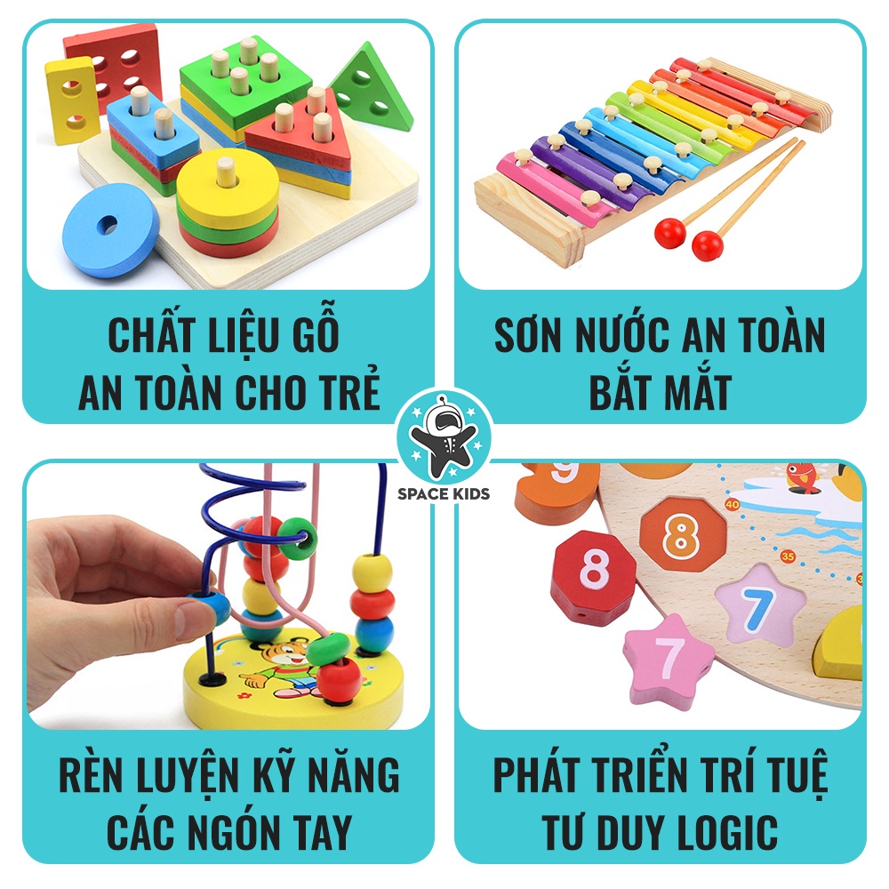 Đồ chơi gỗ Montessori cho bé Combo 5 món đồ chơi thông minh cho bé tư duy, phát triển trí tuệ Space Kids