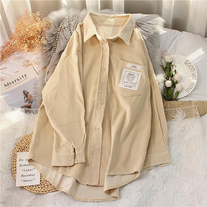 Áo Sơ Mi Nhung Kẻ Tay Dài Dáng Rộng Màu Xanh Dạ Quang Phong Cách Hàn Quốc Dành Cho Nữ