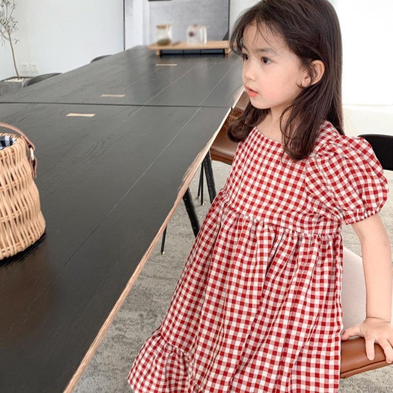 Đầm công chúa tay ngắn kẻ sọc caro xinh xắn cho bé gái