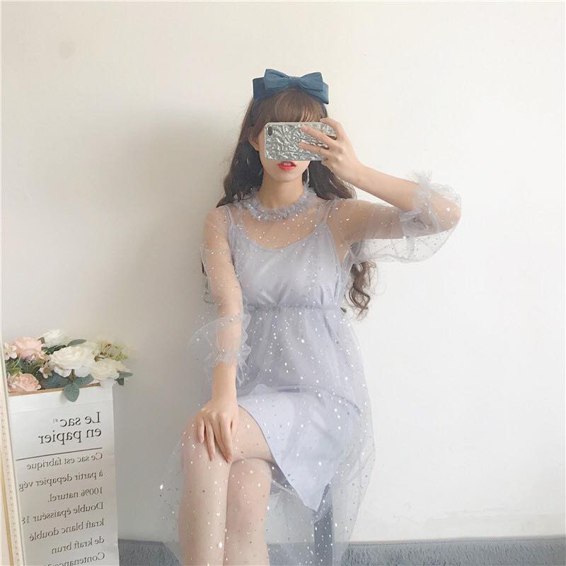 Đầm ulzzang voan nhũ đính họa tiết sao VD016(có ảnh thật)