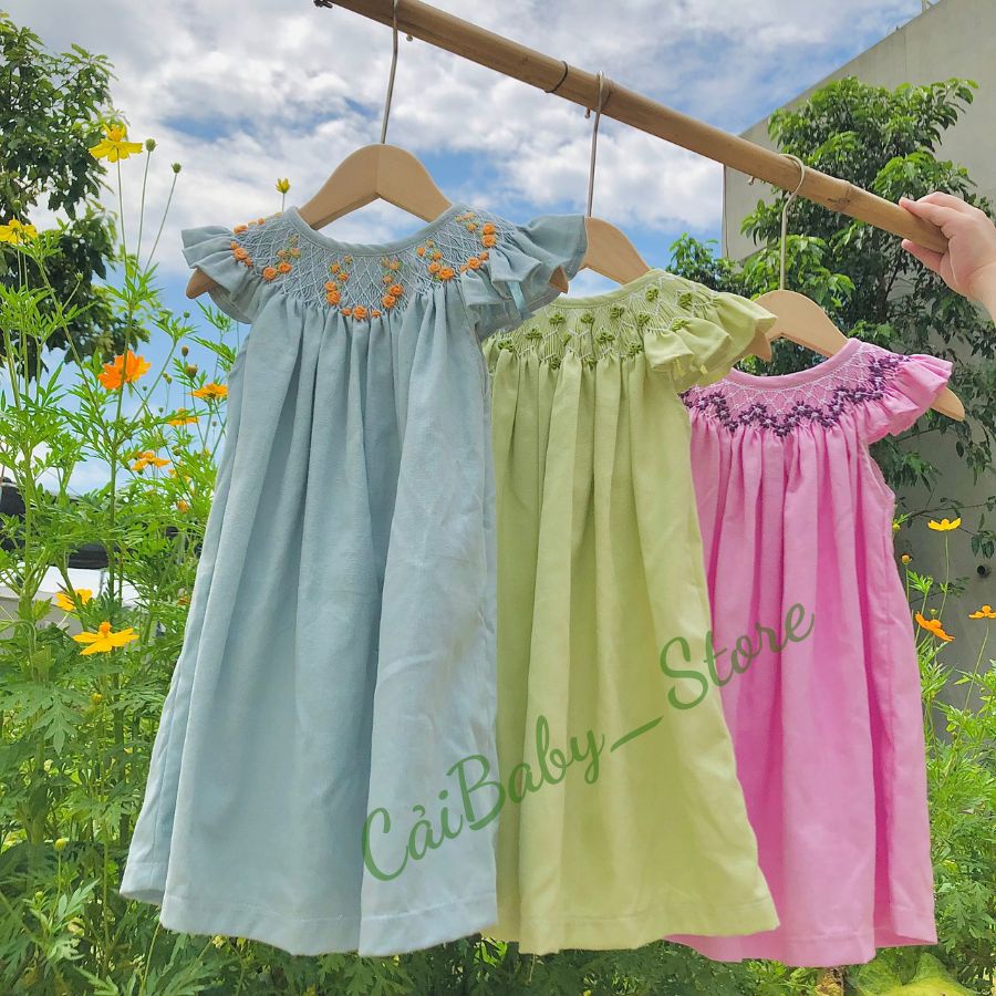 Váy đầm Smock cánh tiền cho bé gái nhiều màu, chất liệu đũn thun hoa thêu tay mát mẻ, thoáng khí Caibaby_store