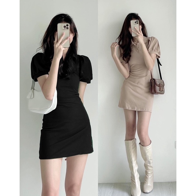 Váy Đầm Polo Nữ Tay Phồng - Halinh Shop - Váy Cổ Sơ Mi Trơn Cộc Tay Body Xoè Nhẹ Phần Chân Váy size S M