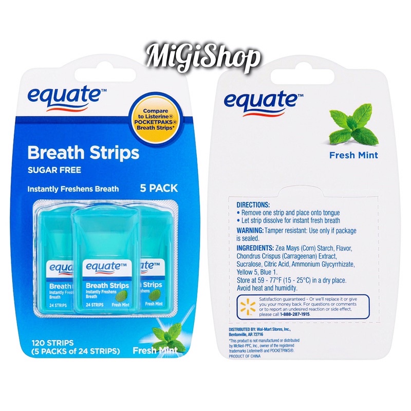[Hàng Mỹ] Miếng Ngậm Thơm Miệng Equate Breath Strips Fresh Mint (vỉ 5 hộp x 24 miếng)