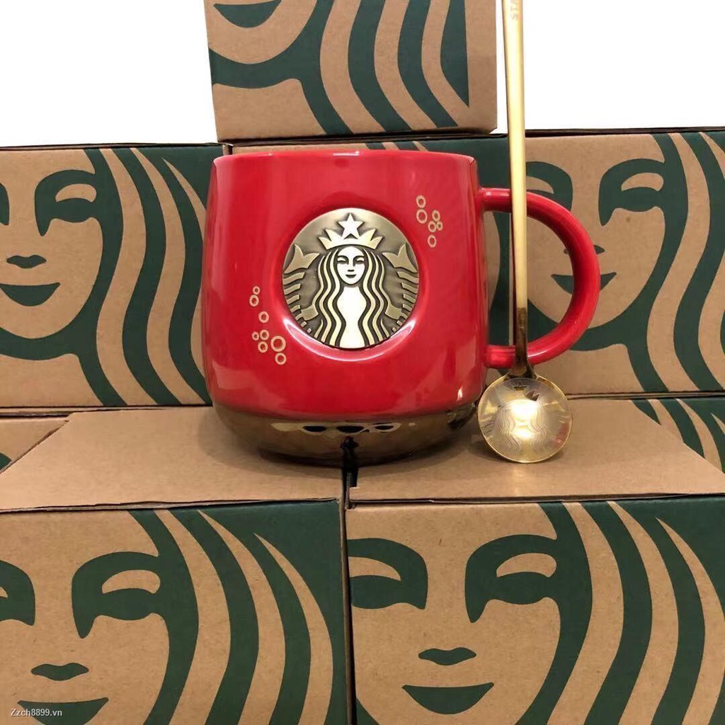Cốc Sứ Uống Nước Starbucks Màu Trắng / Đen / Xanh Dương / Đỏ Phong Cách Retro Cho Cặp Đôi