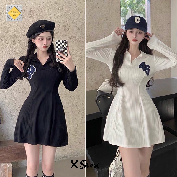 Đầm Body Polo Gân Tăm Thêu Chữ 45 Váy Thun Dài Tay Cổ Bẻ Dáng Xòe Siêu Đẹp