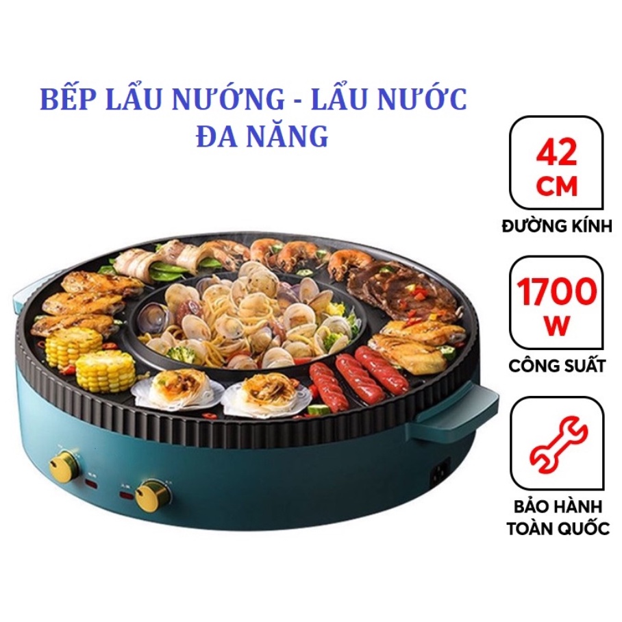 Bếp lẩu nướng đa năng 2 in 1 có 2 mâm nhiệt - Nồi lẩu  điện đa năng - BH 12 tháng - Hàng đẹp