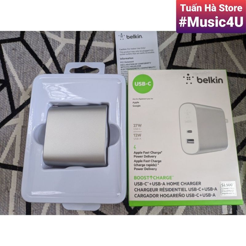 BOOST↑CHARGE™ Củ sạc nhanh Belkin PD 39W 27W USB Type C cho Iphone 11, Iphone 12, Ipad, Macbook, MFI [Music4U]