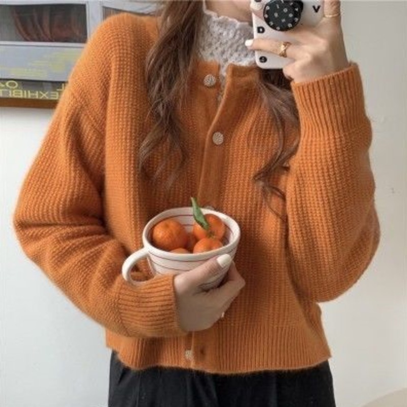 Áo Khoác Cardigan Dệt Kim Tay Dài Cổ Tròn Màu Sắc Đơn Giản Phong Cách Hàn Quốc Thời Trang Thu Đông Cho Nữ