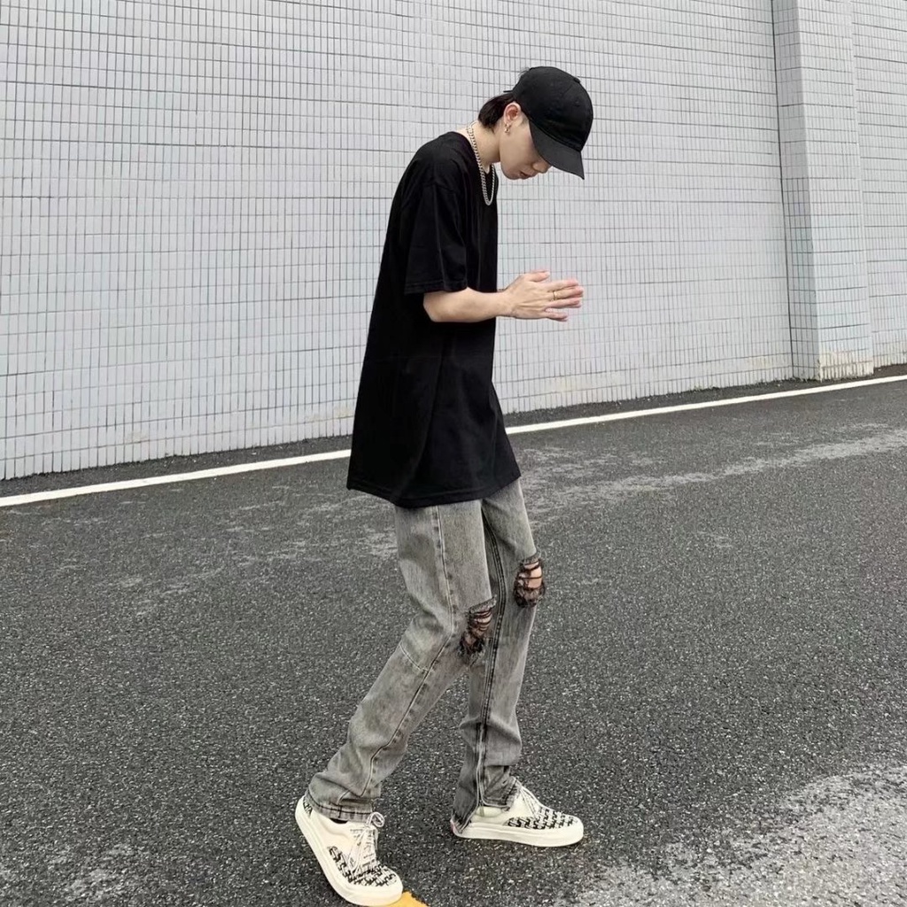 Quần Jean Dài Dáng Ôm Màu Trơn quần jean nam đen rách gối Phối Rách Kiểu Hip-Hop quần jean nữ Hàn Quốc quần ống suông Thời Trang quần bò nữ