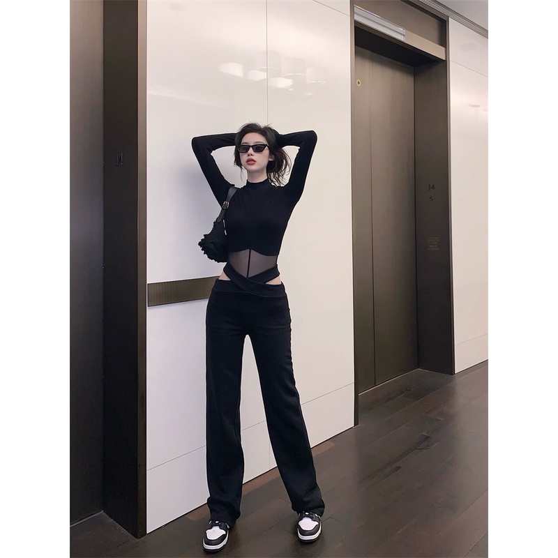 Set Áo bodysuit phối lưới+ Quần suông cạp V khoét eo sexy-ORD | BigBuy360 - bigbuy360.vn