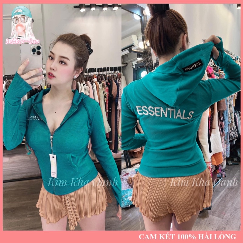 Áo Khoác Nữ Thêu Chữ Essen Chất Liệu Thun Gân Tay Xỏ Ngón Có Túi Trong Freesize Dưới 60kg Bubble Gum