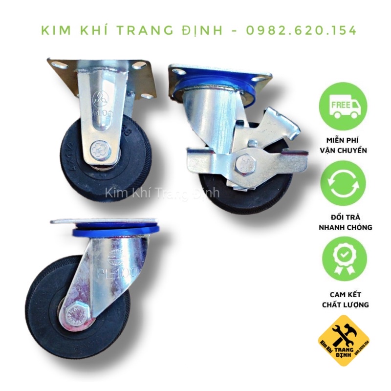 Bánh Xe Cao Su 100x38mm xoay 360 độ, Chịu lực 200kg, có khóa chống trơn trượt