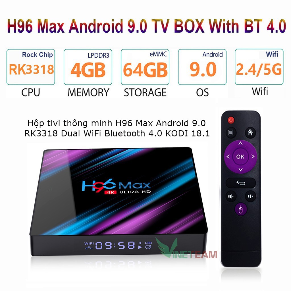 Hộp tivi thông minh H96 Max Android 9.0 RK3318 Dual WiFi Bluetooth 4.0 KODI 18.1