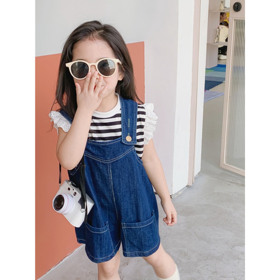 Quần yếm kèm áo thun bé gái, quần yếm bò áo kẻ tay hến bèo ren dễ thương cho bé