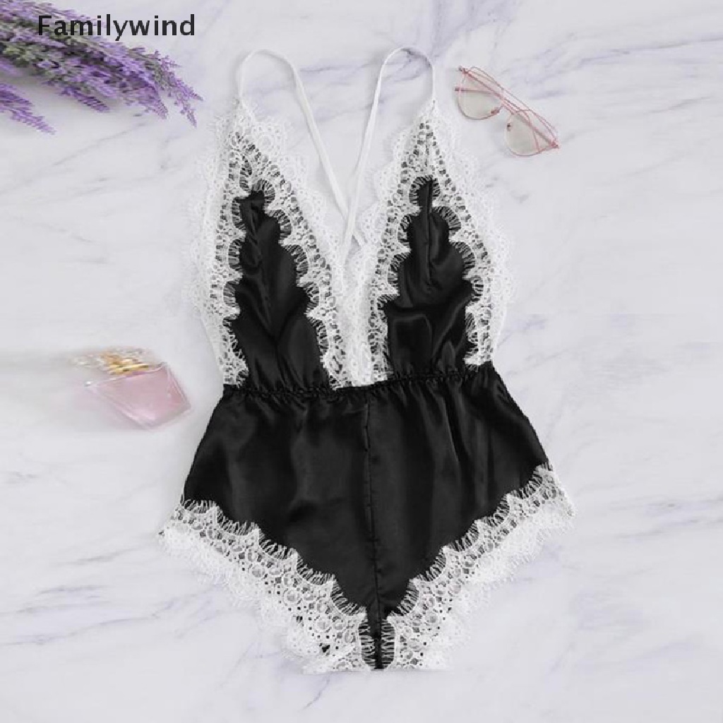 Bộ đồ ngủ liền thân cổ chữ v bằng satin phối ren hở lưng quyến rũ dành cho nữ