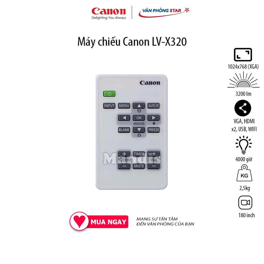 MÁY CHIẾU CANON LV-X320, Độ tương phản 10.000 - 1, Độ sáng 3200 Ansi Lumens, Độ phân giải XGA (1024x768) 180 inch