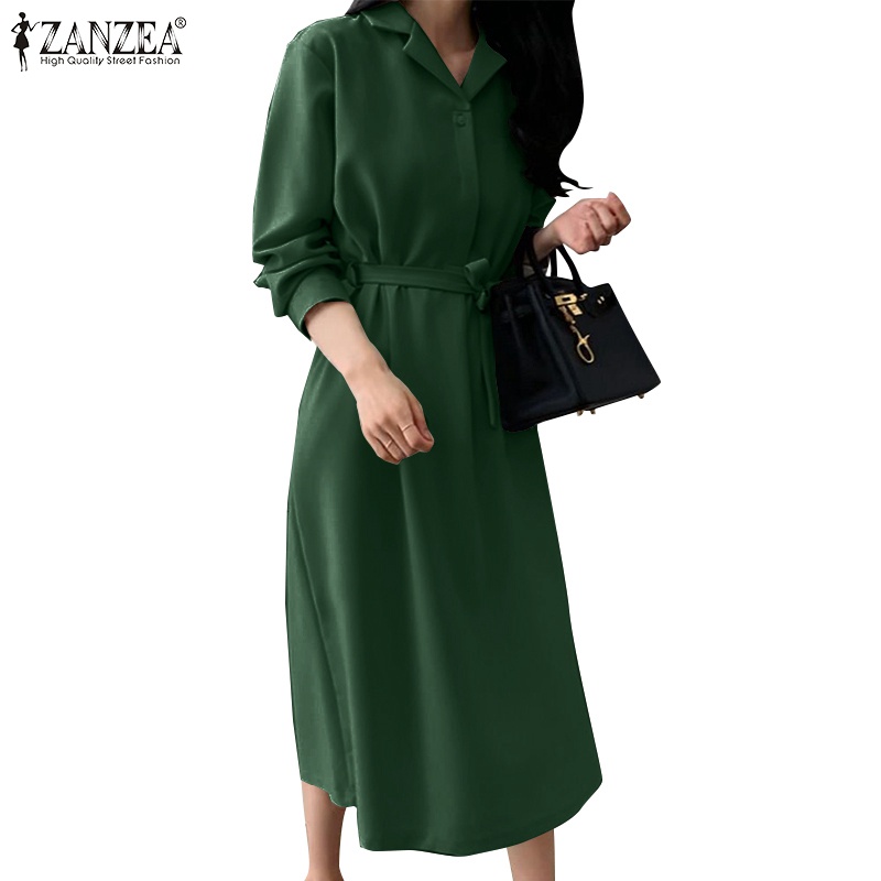 Đầm ZANZEA dạng dài cổ bẻ tay dài thời trang sang trọng cho nữ
