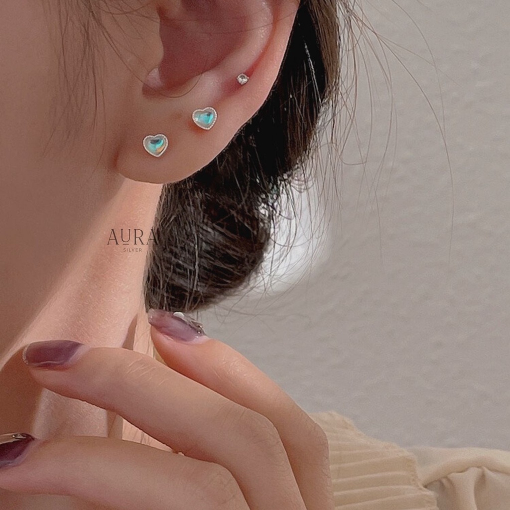 Khuyên tai bạc nữ 925 bông tai trái tim đá mặt trăng Moon Stone-KT51