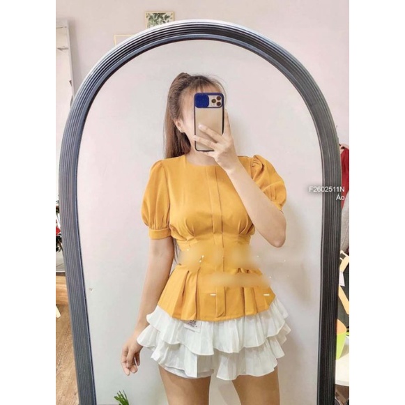 Áo kiểu chít eo cổ tròn tay ngắn phồng 2602
