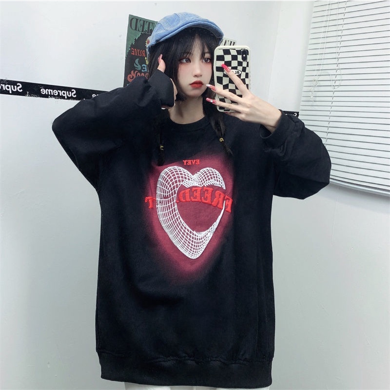 ZHELIHANGFEI Áo Sweater Dáng Rộng Hoạ Tiết Trái Tim Hợp Thời Trang