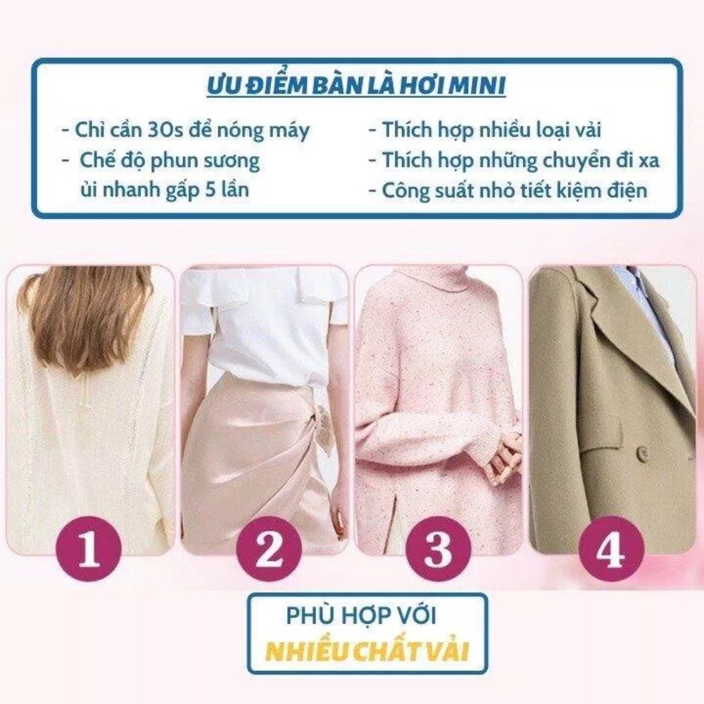 Bàn ủi hơi nước du lịch, bàn là hơi nước cầm tay mini công suất 33w dung tích bình nước 60ml nhỏ gọn, bảo hành 12 tháng