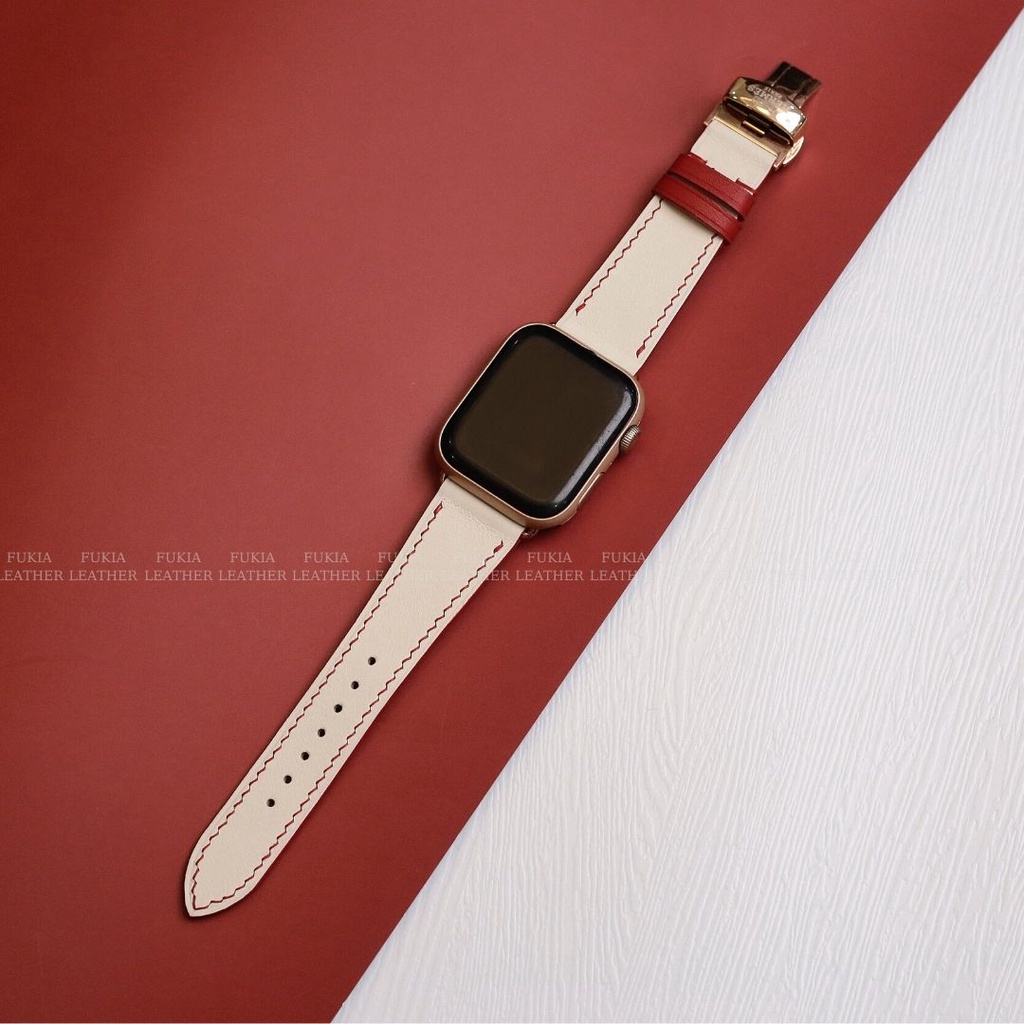 Dây da thủ công Swift Trắng Mix Chỉ Đỏ dành cho Apple Watch, đồng hồ thông minh, đồng hồ cơ