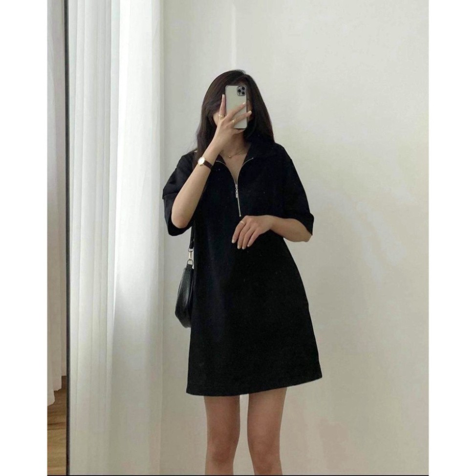 Váy Phối Cổ Sơ Mi Khóa Zip Nữ [FREESHIP]🌸 Đầm thun suông tay lỡ kiểu dáng basic có túi ngực bánh bèo Ulzzang HOT