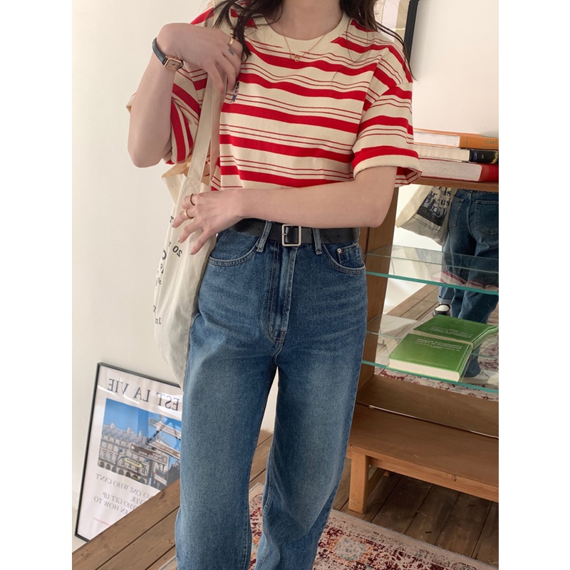 Áo Thun Tay Ngắn Họa Tiết Kẻ Sọc Thiết Kế Mới Thời Trang Mùa Hè Theo Phong Cách Hàn Quốc Cho