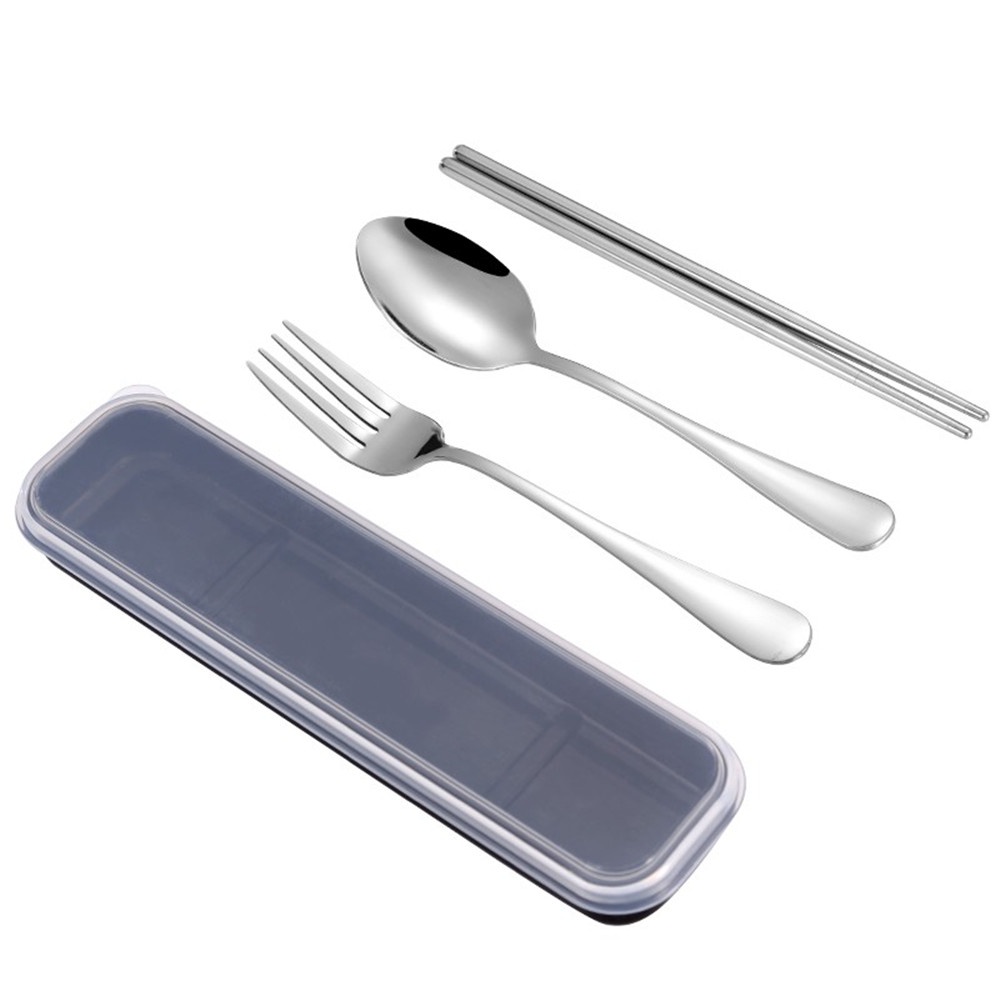 Bộ 3 món muỗng nĩa đũa ăn bằng thép không gỉ có hộp đựng