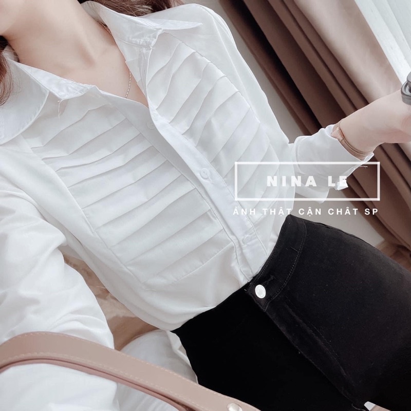 Áo Sơ Mi Trắng Xếp Ly Ngực Hàng Đep Kiểu Công Sở MOLA Sơmi Tay Dài Cao Cấp  Hàn Quốc Vintage Tiểu Thư