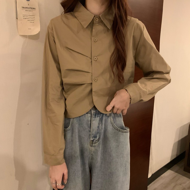 QADCOL Áo Kiểu Tay Dài Thiết Kế Xếp Ly Phong Cách Hàn Quốc