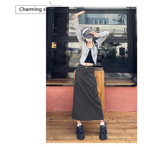 Jiashucheng Chân Váy Denim Dài Lưng Cao Phong Cách Thời Trang Quân Đội Dành Cho Nữ