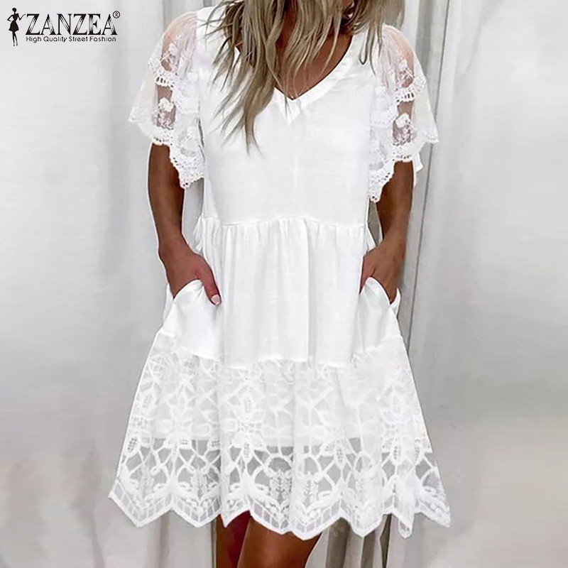 Áo Đầm ZANZEA Dành Cho Nữ Thiết Kế Cổ Chữ V Tay Ngắn May Phối Ren Mini