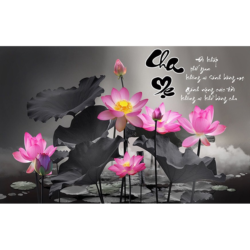 Tranh thêu chữ thập Thư Pháp  Cha Mẹ Hoa Sen LV3543 kt75x51cm