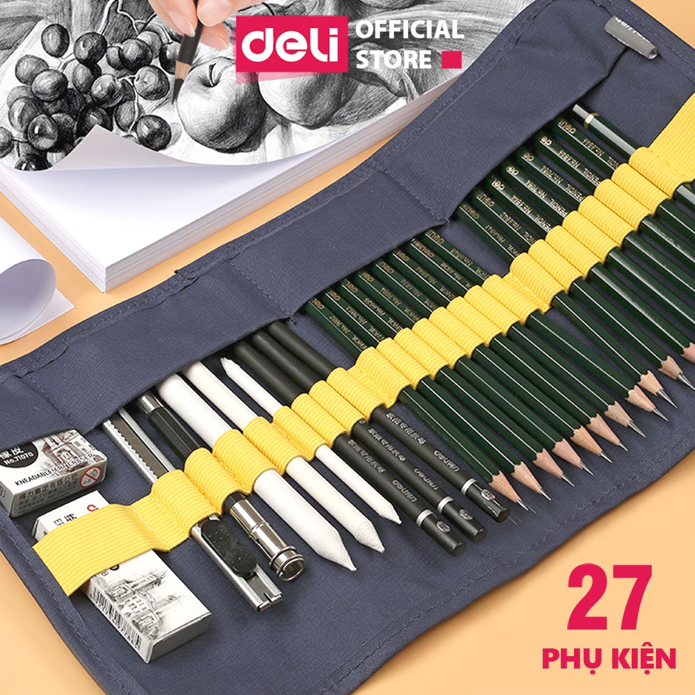 Bộ dụng cụ chì vẽ phác thảo 27 phụ kiện Deli - vẽ mỹ thuật - 1 bộ - 58125