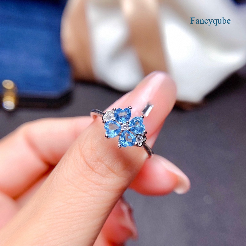 Nhẫn hở mạ bạc 925 hình cỏ bốn lá đính đá topaz sang trọng thời trang