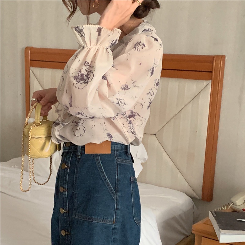 SUXI Áo Sơ Mi Chiffon Tay Dài Cổ Chữ V Họa Tiết Hoa Phong Cách Vintage Hàn Quốc