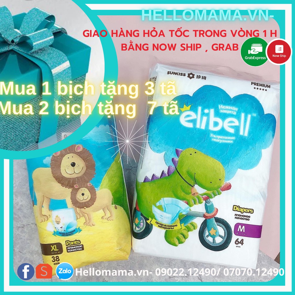 Bỉm/Tã quần ELIBELL nội địa NGA CAO CẤP 3 miếng dùng thử tã Dán/Quần đủ size S76/M64/L54/XL44/L44/XL38