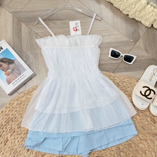 Bộ Áo 2 Dây Voan Kèm Chân Váy Kaki Xanh 🦋