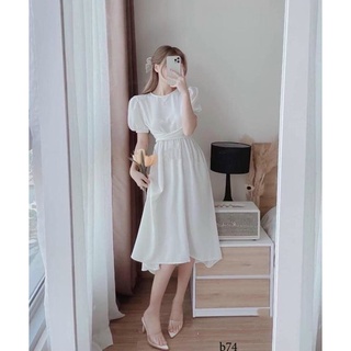 Đầm Nữ Dáng Xòe Cổ Tròn Nhún Eo Tay Phồng, Chất Đũi Mềm Thoáng Mát