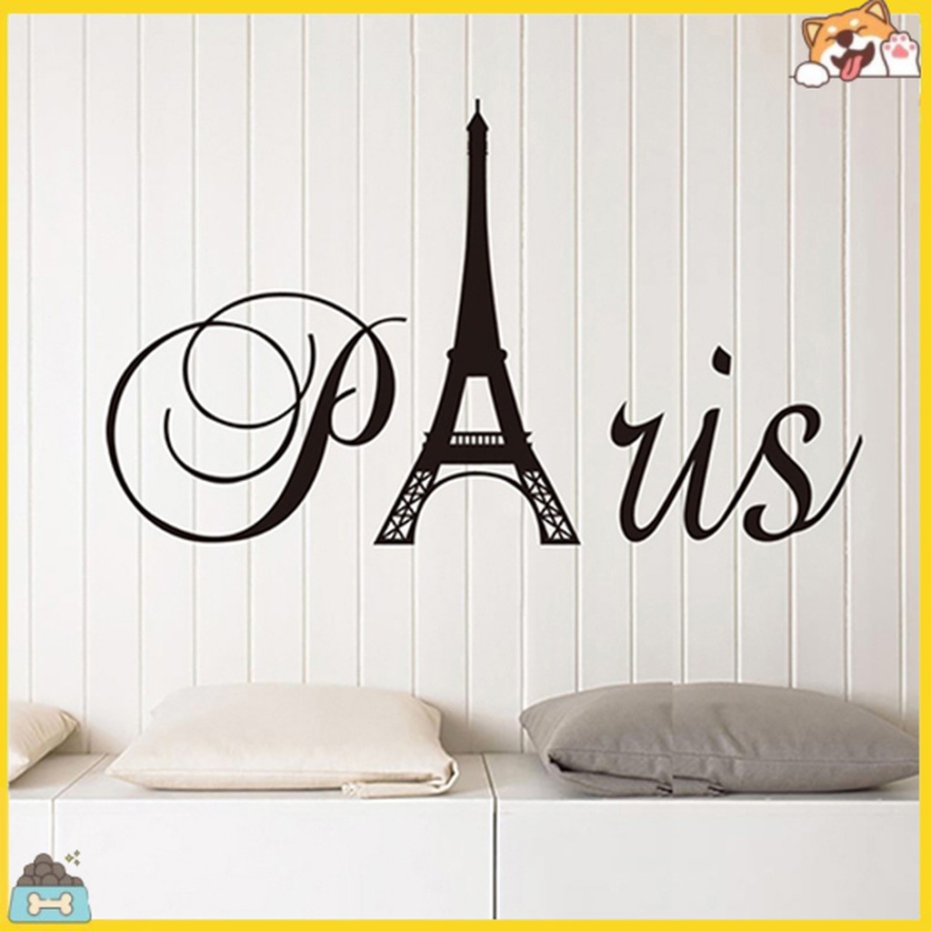 Miếng dán trang trí tường hình tháp Eiffel kèm chữ chất liệu PVC kích thước 49.5x32.5cm