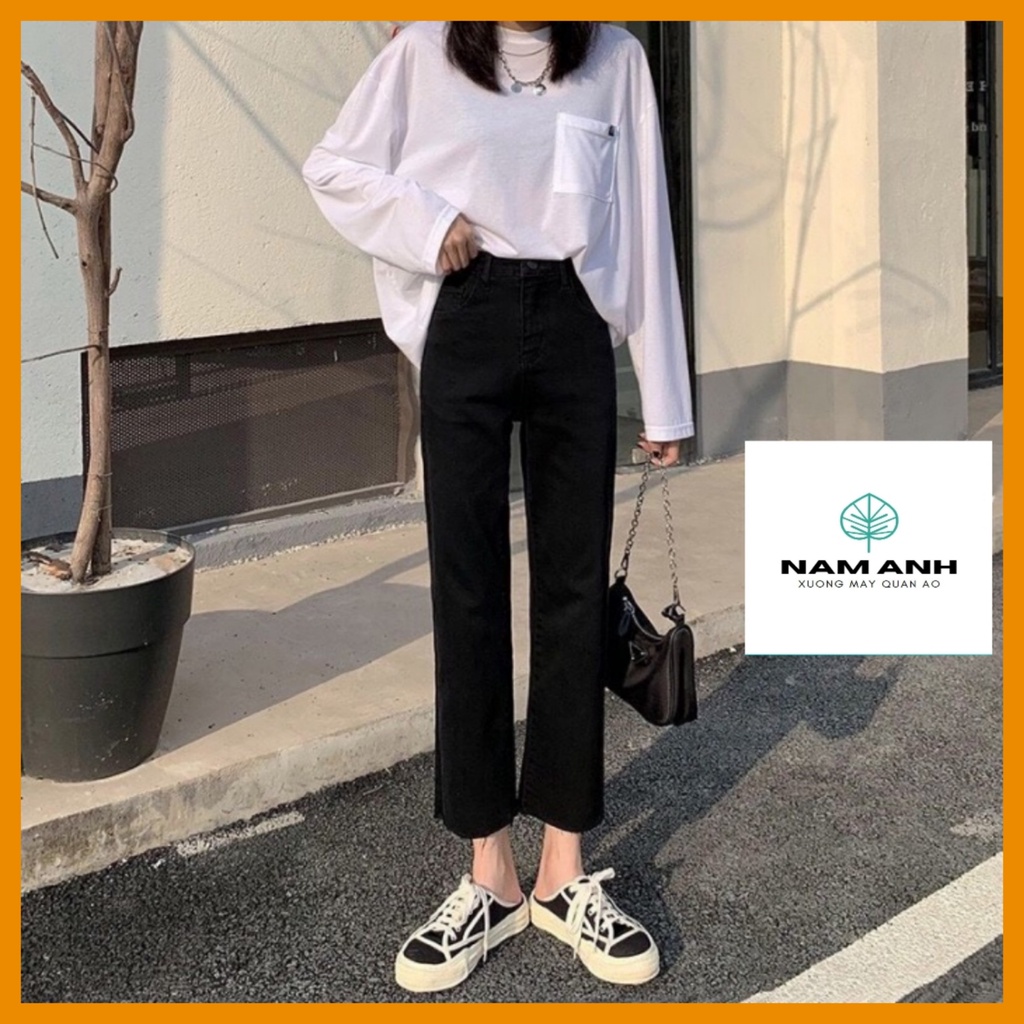 Quần Jean Bò Ống Đứng, Quần Jean Nữ Ống Suông Cạp Cao Co Giãn Phong Cách Ulzzang
