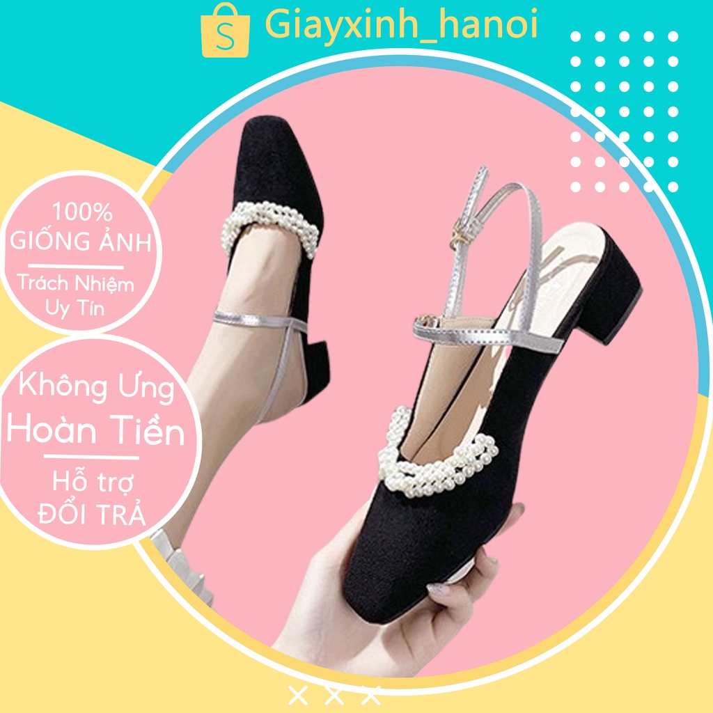 Giày cao gót bít mũi đính ngọc , Dép nữ hở gót đế vuông cao 3p phối quai sau cho cô nang sang chảnh mẫu mới 2022